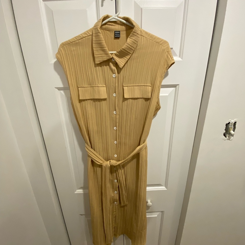 Ribbed Midi Shirt Dress – Tan – Belted – Casual Summer – Women’s Large